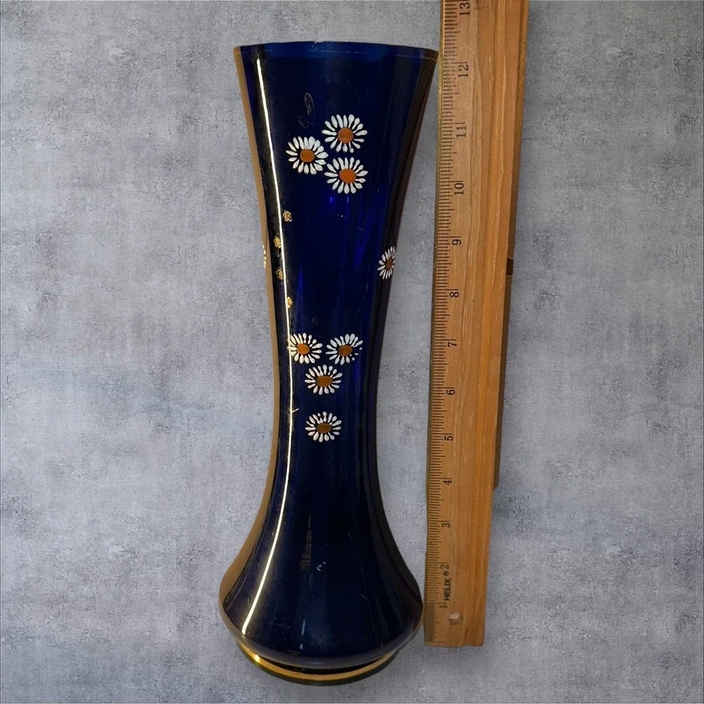Vintage Cobalt Blue Glass Vase Daisy Flower Design Tall Elegant Home‎ Decor